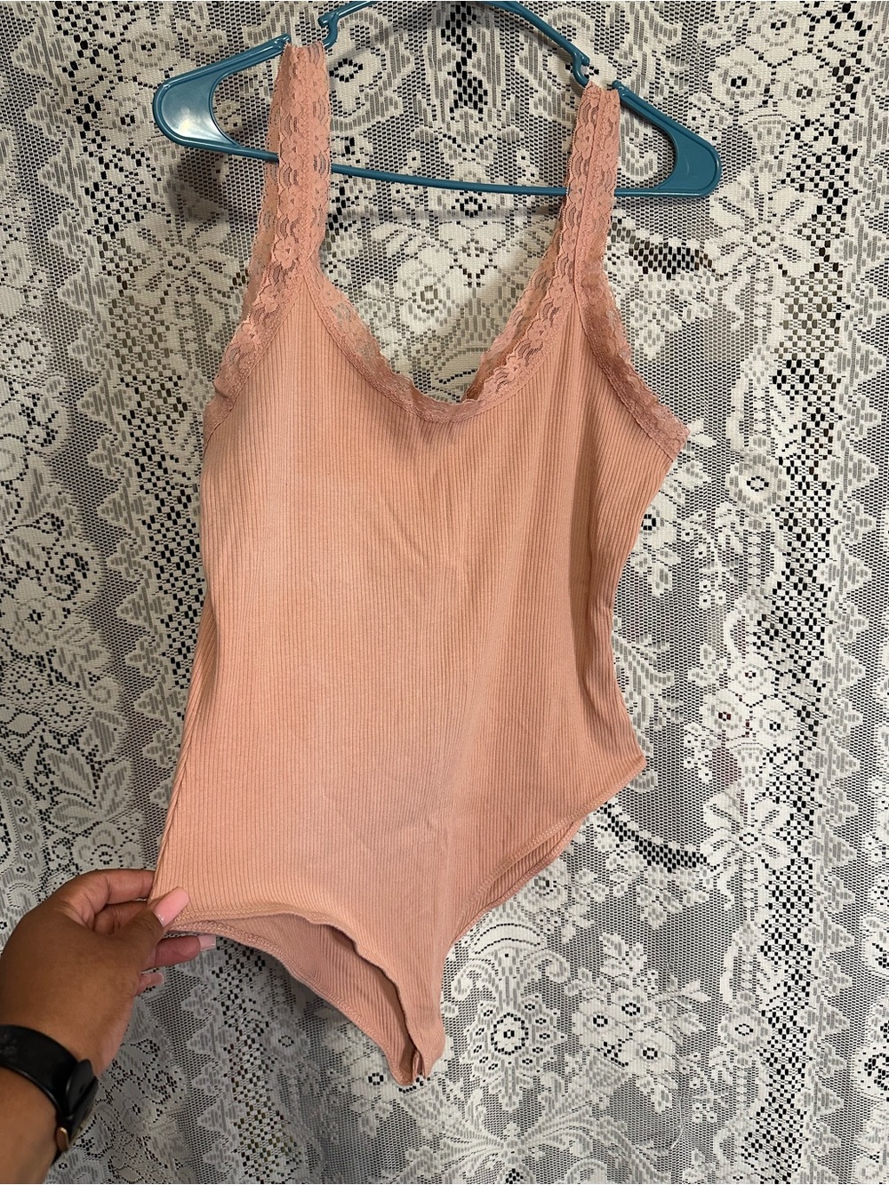 Ambiance Lace-Trim Ribbed Bodysuit - Peach